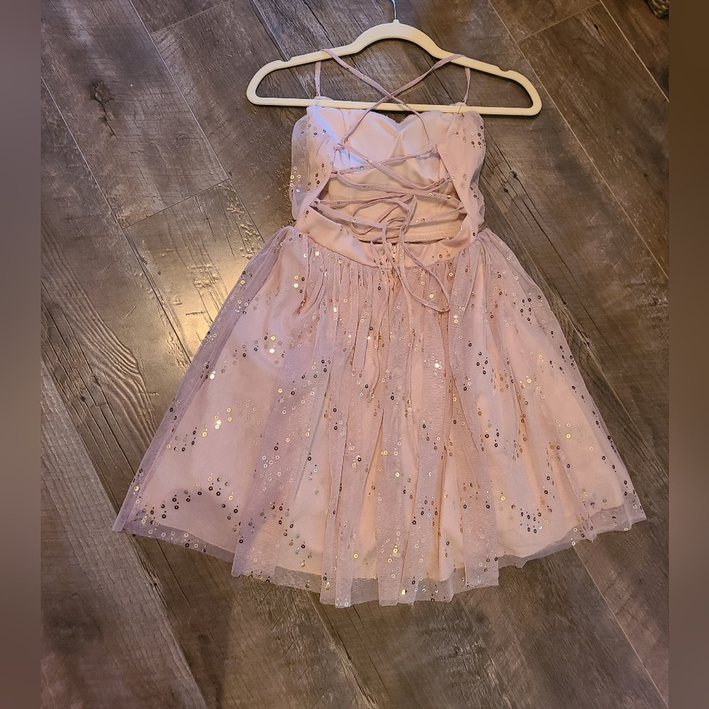 City Studio Criss Cross Strap Blush Sequin Mini Dress - Picture 4 of 7